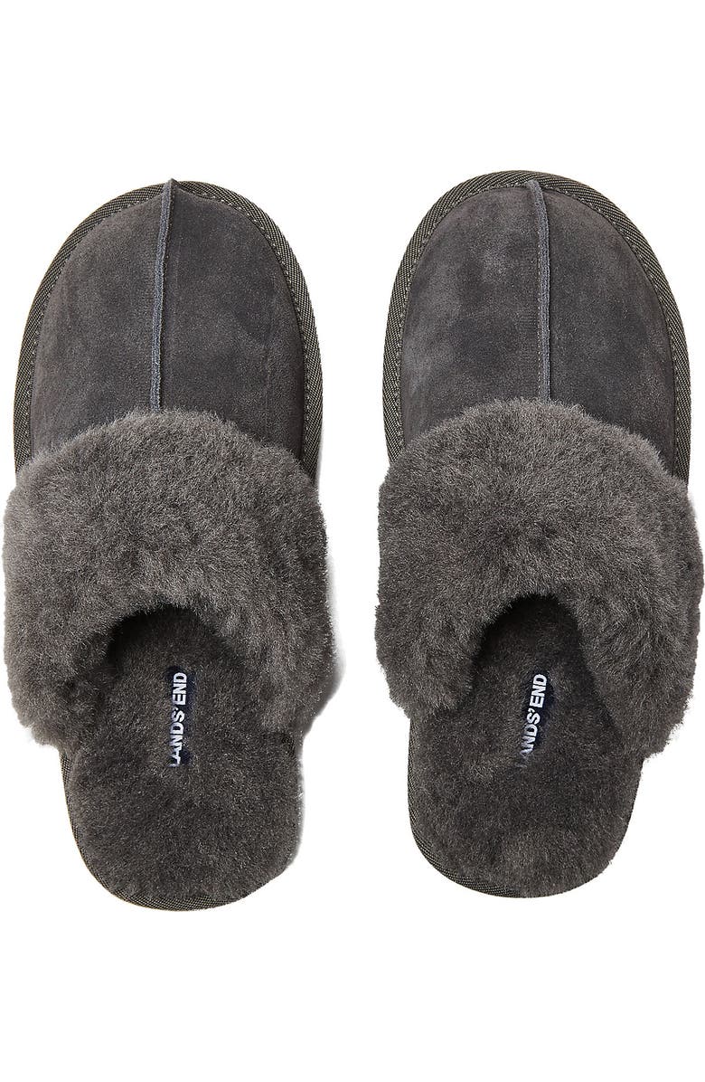 Lands' End Suede Furry Lined Indoor Outdoor Slippers, Alternate, color, Dark Gray Suede