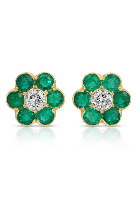 18k Gold Emerald & Diamond Flower Stud Earrings