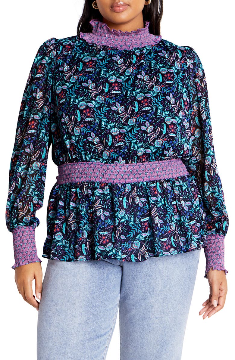City Chic Annalise Floral Smocked Top, Main, color, Florentine
