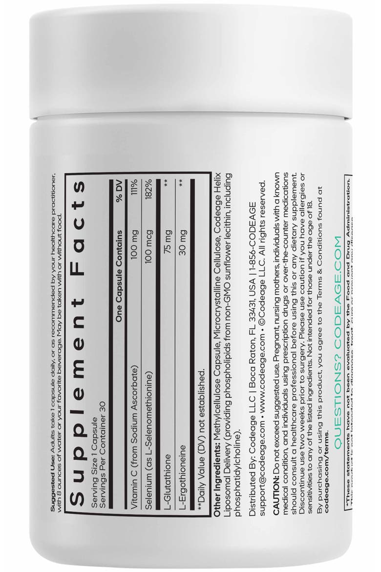 Liposomal Ergothioneine+, L-Glutathione, Vitamin C, Selenium, Antioxidant Support, Alternate, color, White