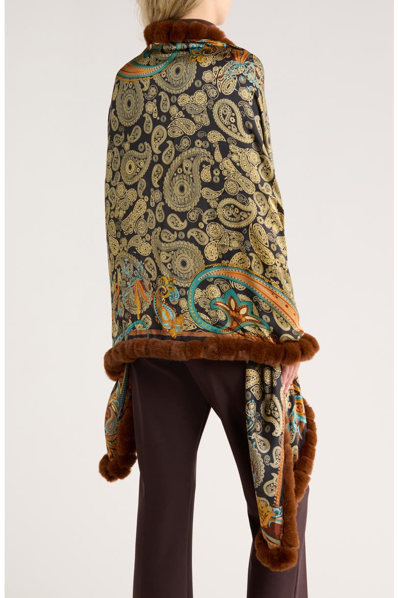 Paisley Wrap Scarf with Faux Fur Trim, Alternate, color, BROWN
