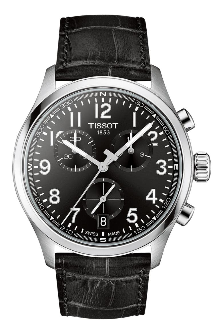 Chrono L Croc-Embossed Leather Strap Watch, 42mm, Main, color, BLACK