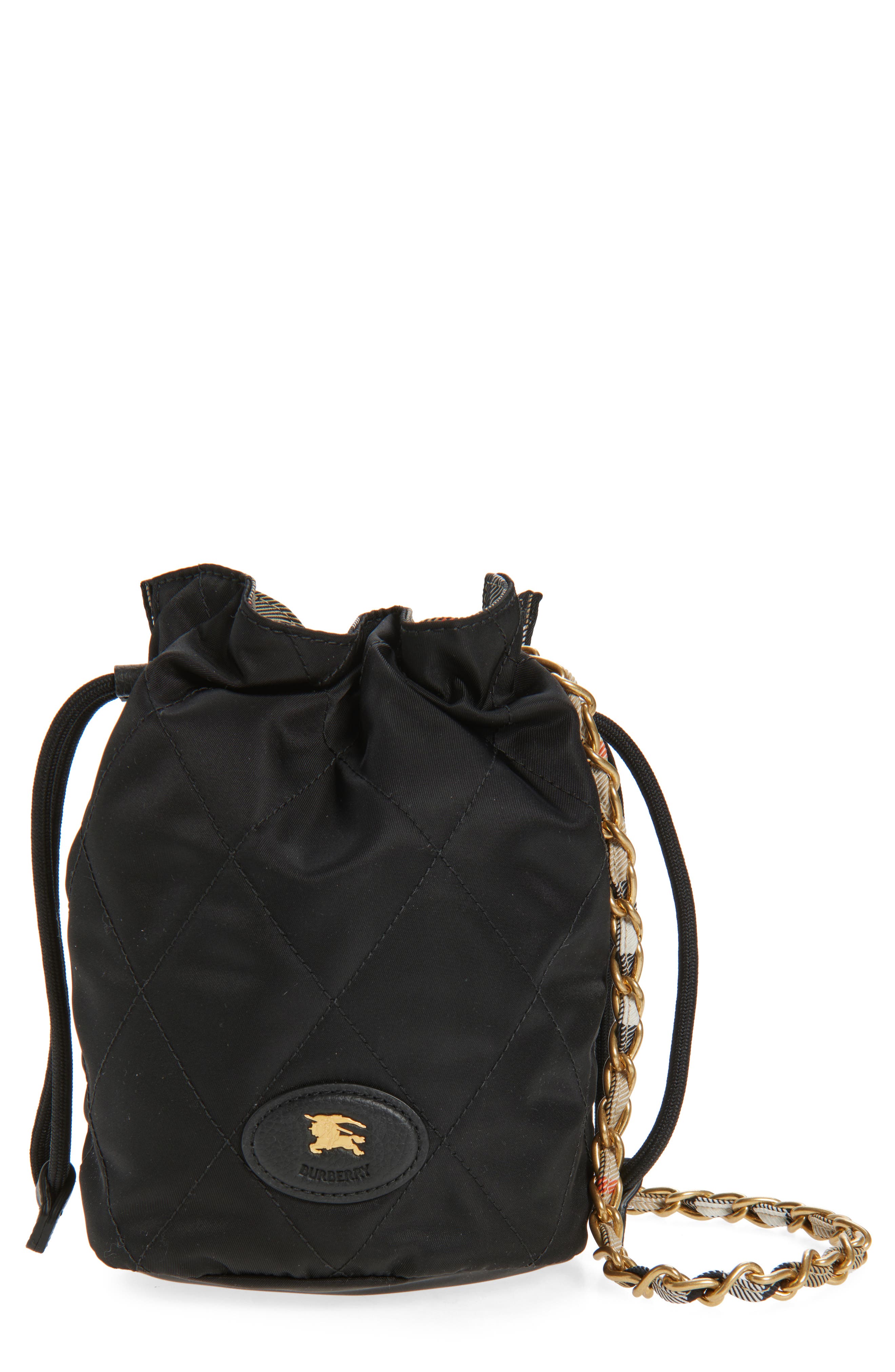 Burberry Horseshoe Quilted Nylon Bucket Bag, Main, color, Black