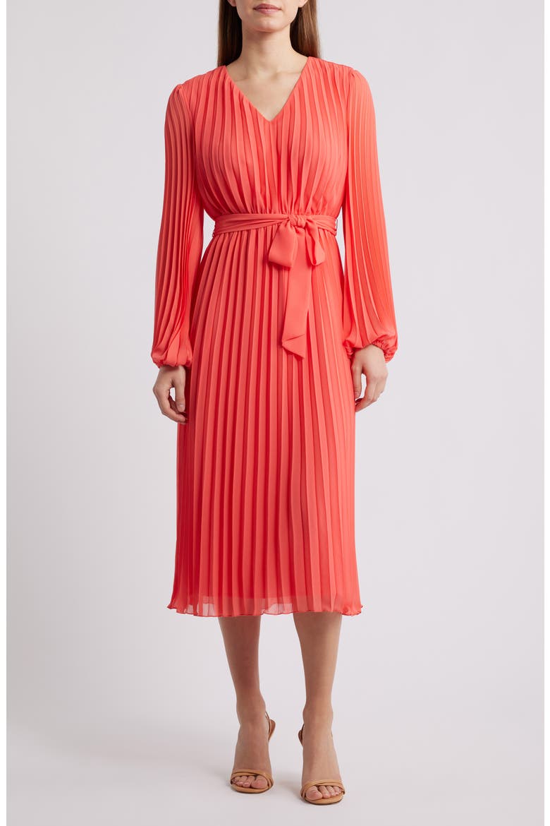 Pleated Long Sleeve Dress, Main, color, CORAL