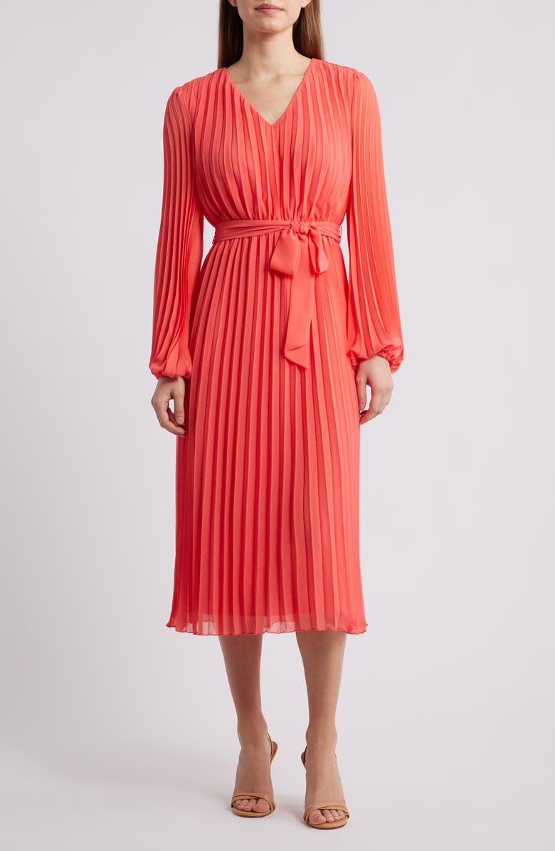 Sam Edelman Pleated Long Sleeve Dress, Main, color, Coral