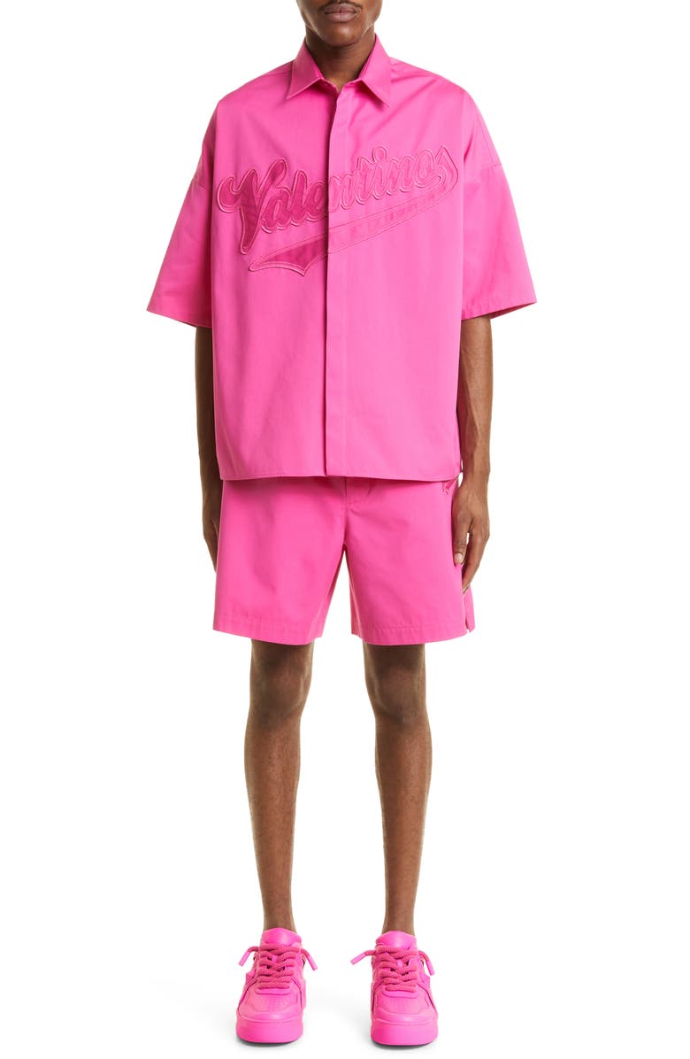 Valentino Garavani Embroidered Logo Short Sleeve Button-Up Shirt, Alternate, color, 