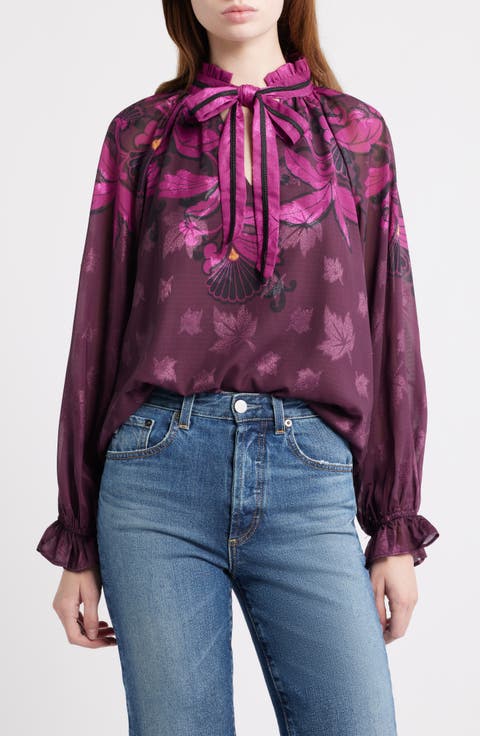 Kimi Leaf Print Tie Neck Top