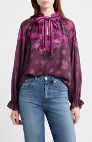 CIEBON Kimi Leaf Print Tie Neck Top