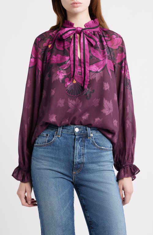 Ciebon Kimi Leaf Print Tie Neck Top In Purple