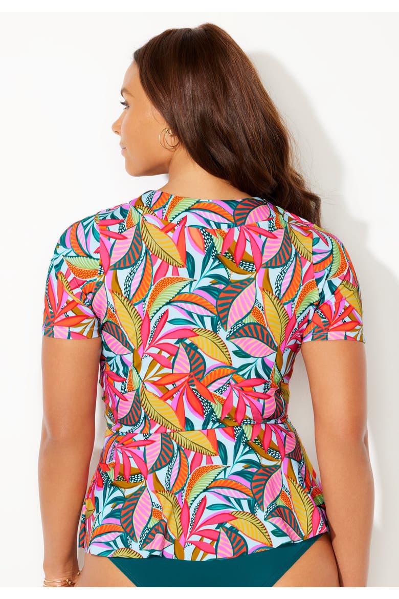 Short Sleeve Faux Wrap Tankini Top, Alternate, color, Multi Palm Leaves
