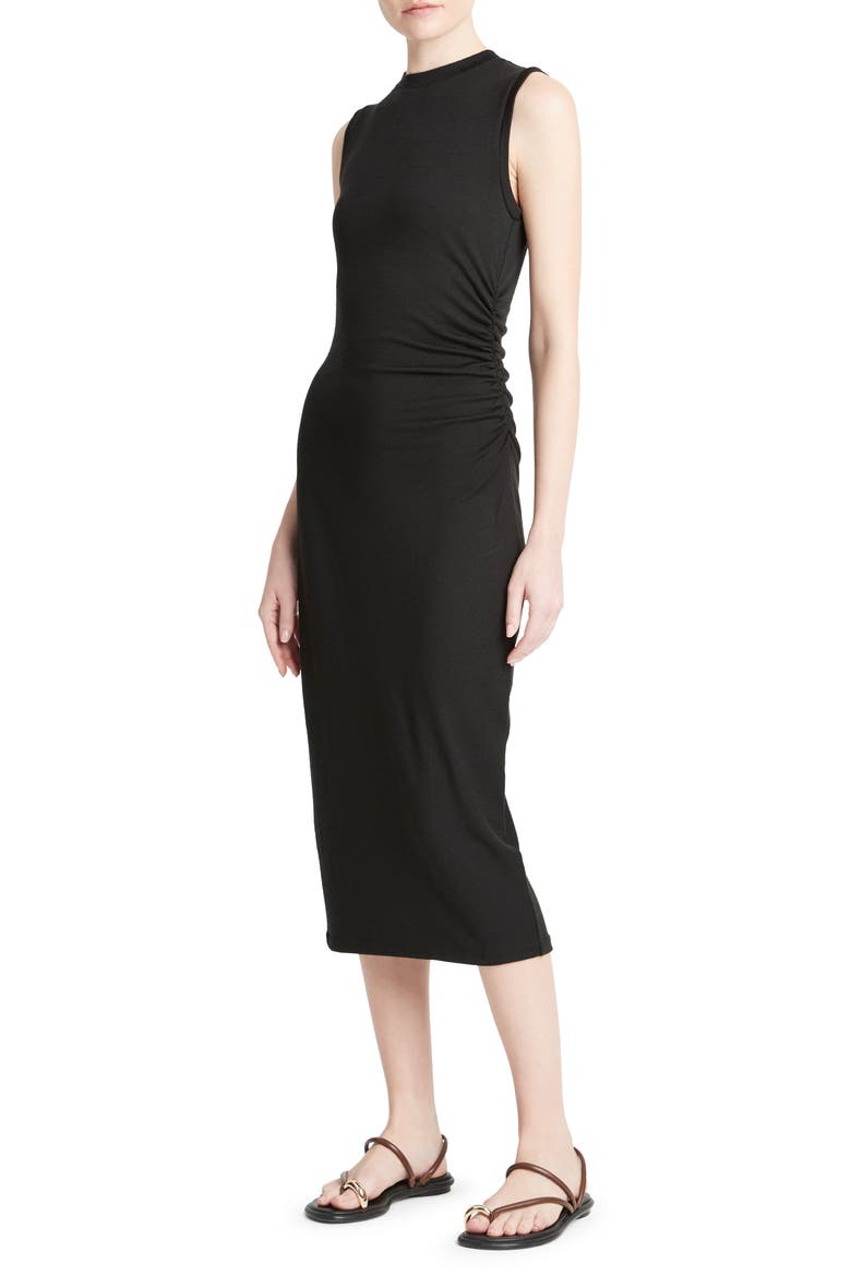 Side Ruched Sleeveless Knit Midi Dress, Alternate, color, BLACK