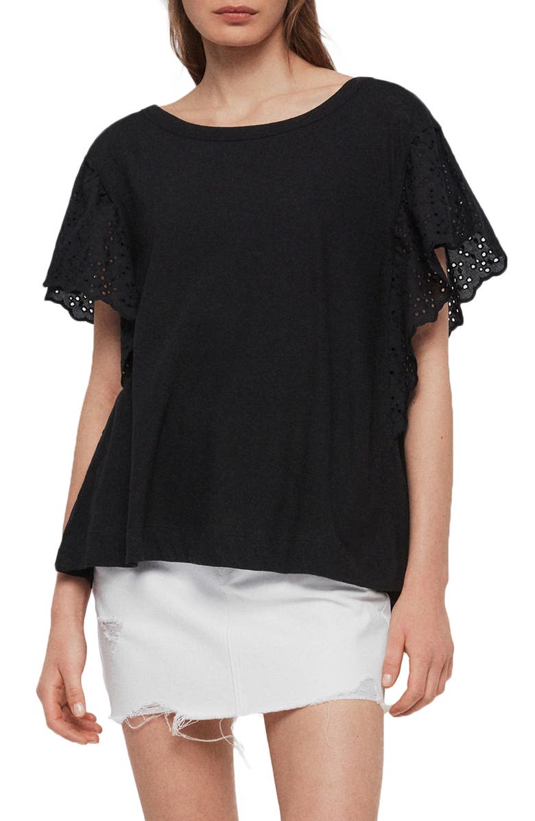 AllSaints Noja Eyelet Flounce Sleeve Cotton & Linen Tee, Main, color, 
