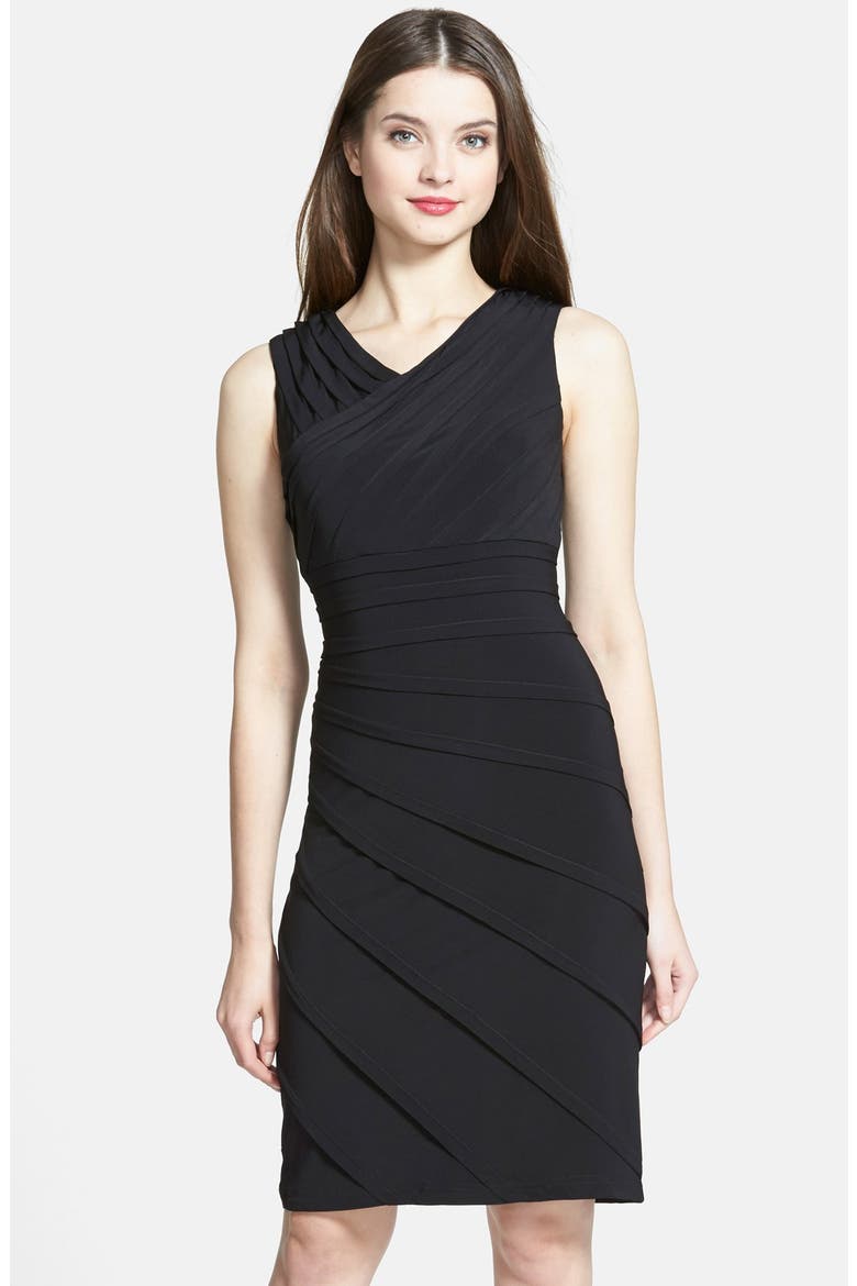V-Neck Shutter Pleat Sheath Dress, Main, color, BLACK