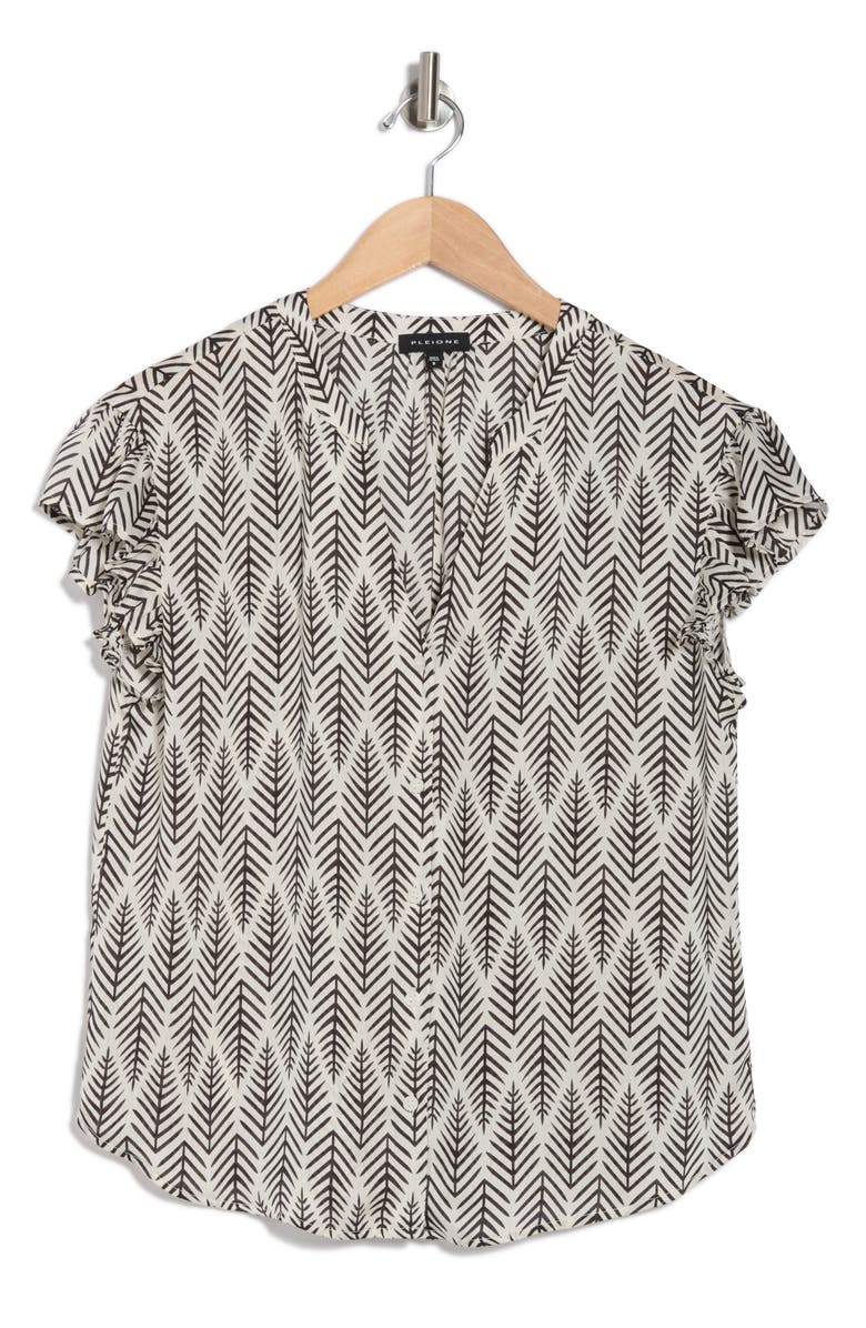 Pleione Print Ruffle Sleeve Top, Alternate, color, Ivory Black Fern Print