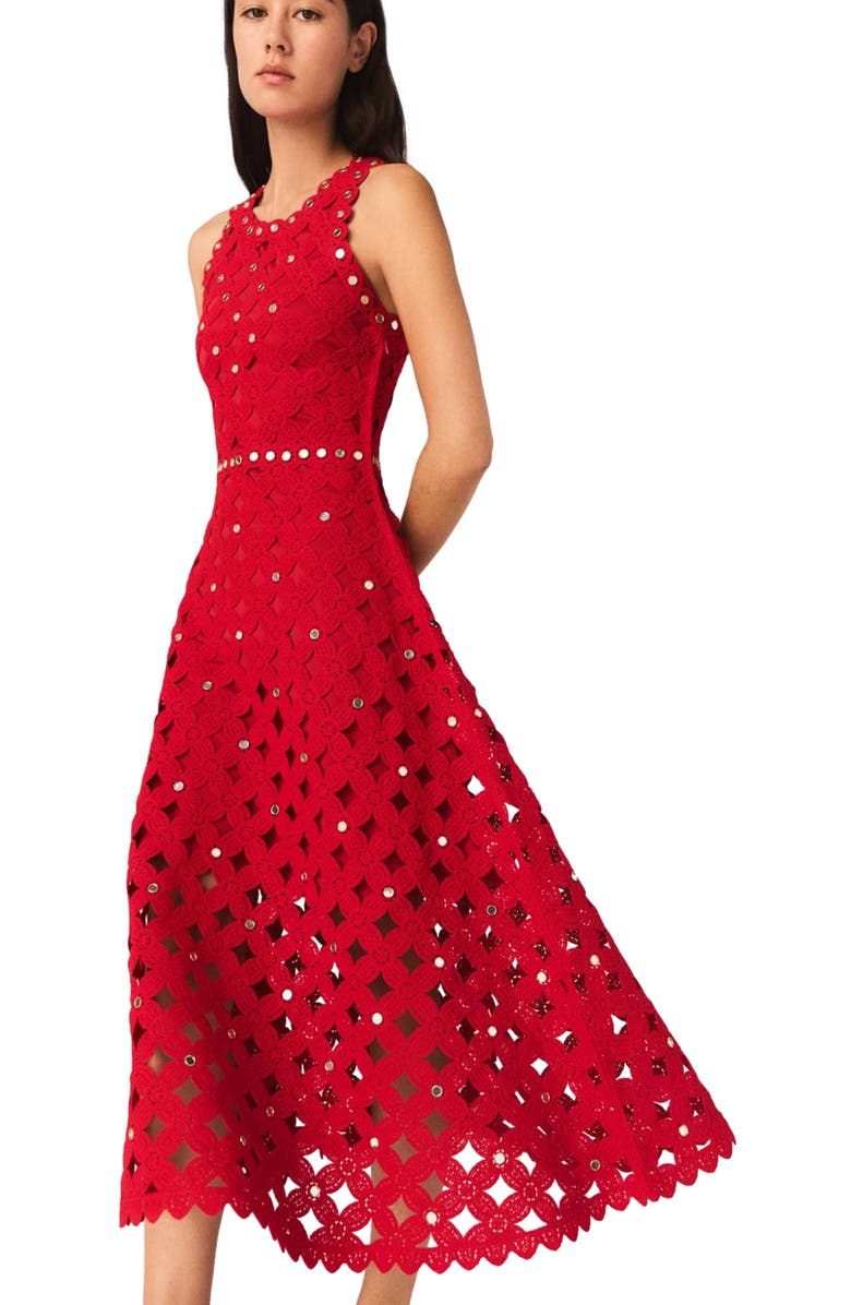 maje Mirrored crochet dress, Alternate, color, Red