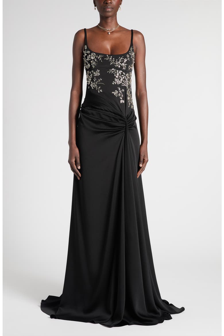 Embellished Draped Crepe Gown, Main, color, BLACK