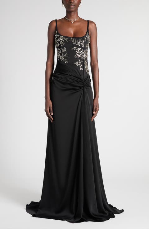 Embellished Draped Crepe Gown