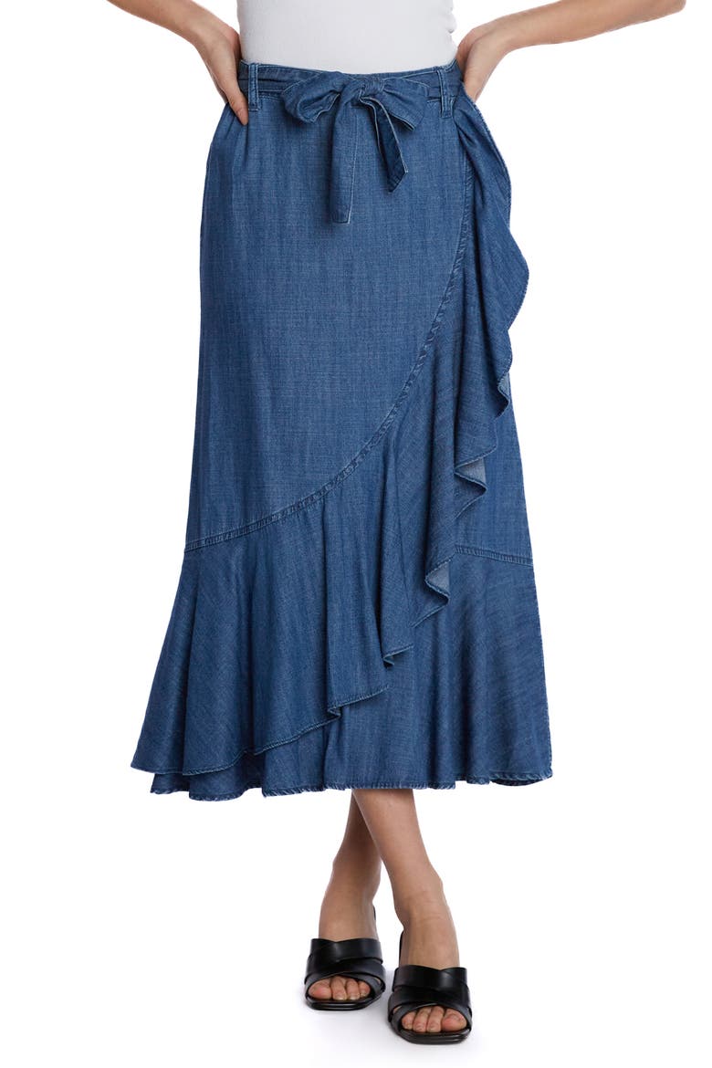Ruffle Faux Wrap Denim Midi Skirt, Main, color, DEEP SEA BLUE