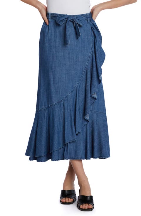 Ruffle Faux Wrap Denim Midi Skirt