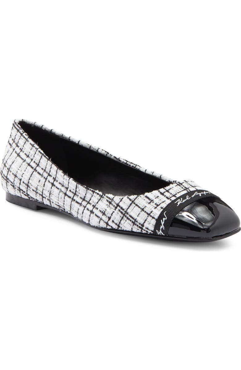 KARL LAGERFELD PARIS Zofia Cap Toe Tweed Flat, Main, color, White/ Black