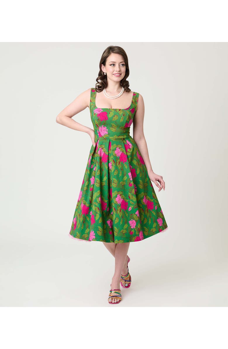 Unique Vintage Square Neck Pleated Swing Dress, Alternate, color, Green W/Pink Floral