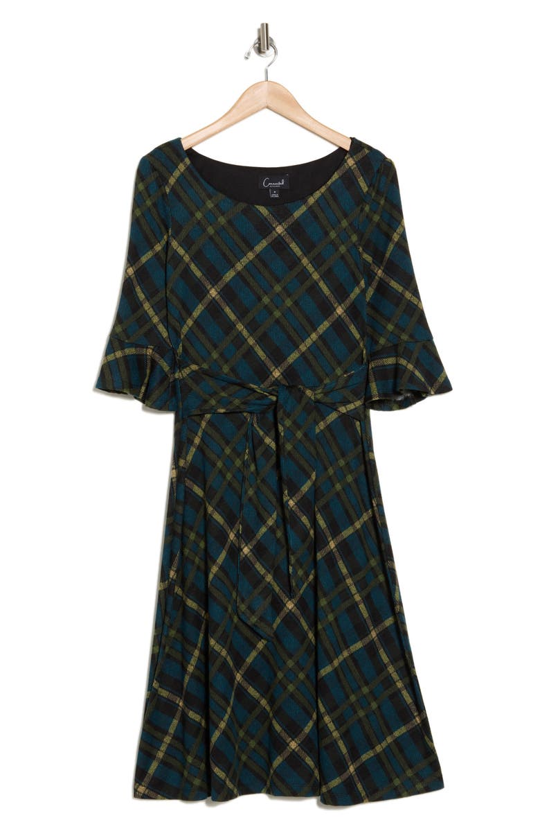 Connected Apparel Plaid Bell Sleeve Tie Midi Dress, Alternate, color, 
