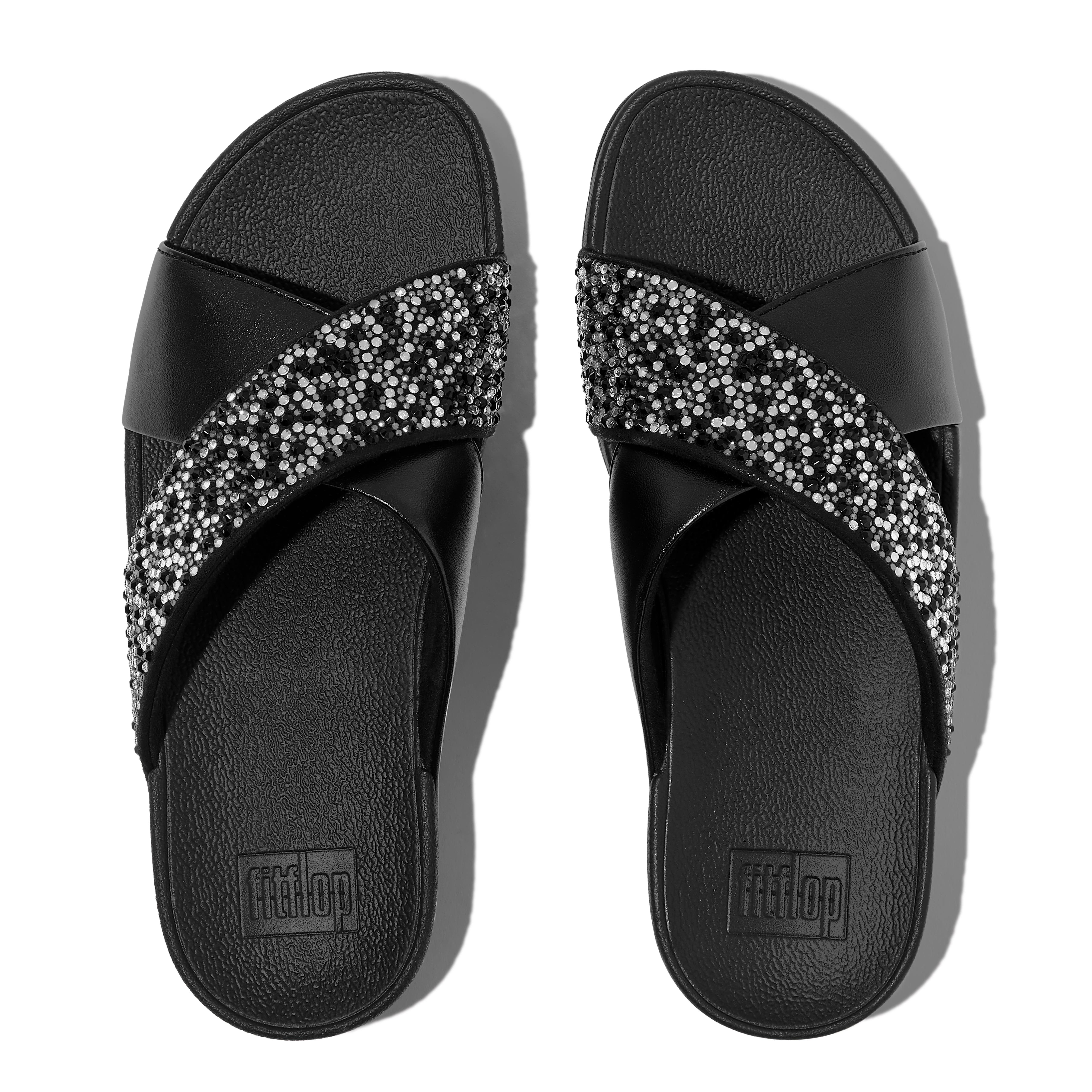 FitFlop Lulu Crystal-mix  metallic cross slides, Alternate, color, All Black