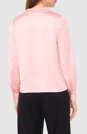 Collarless Satin Button-Up Shirt