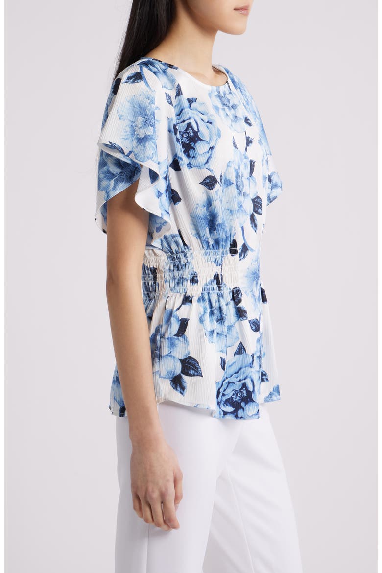 Flutter Sleeve Smock Waist Top, Alternate, color, CRISP WHITE MULTI