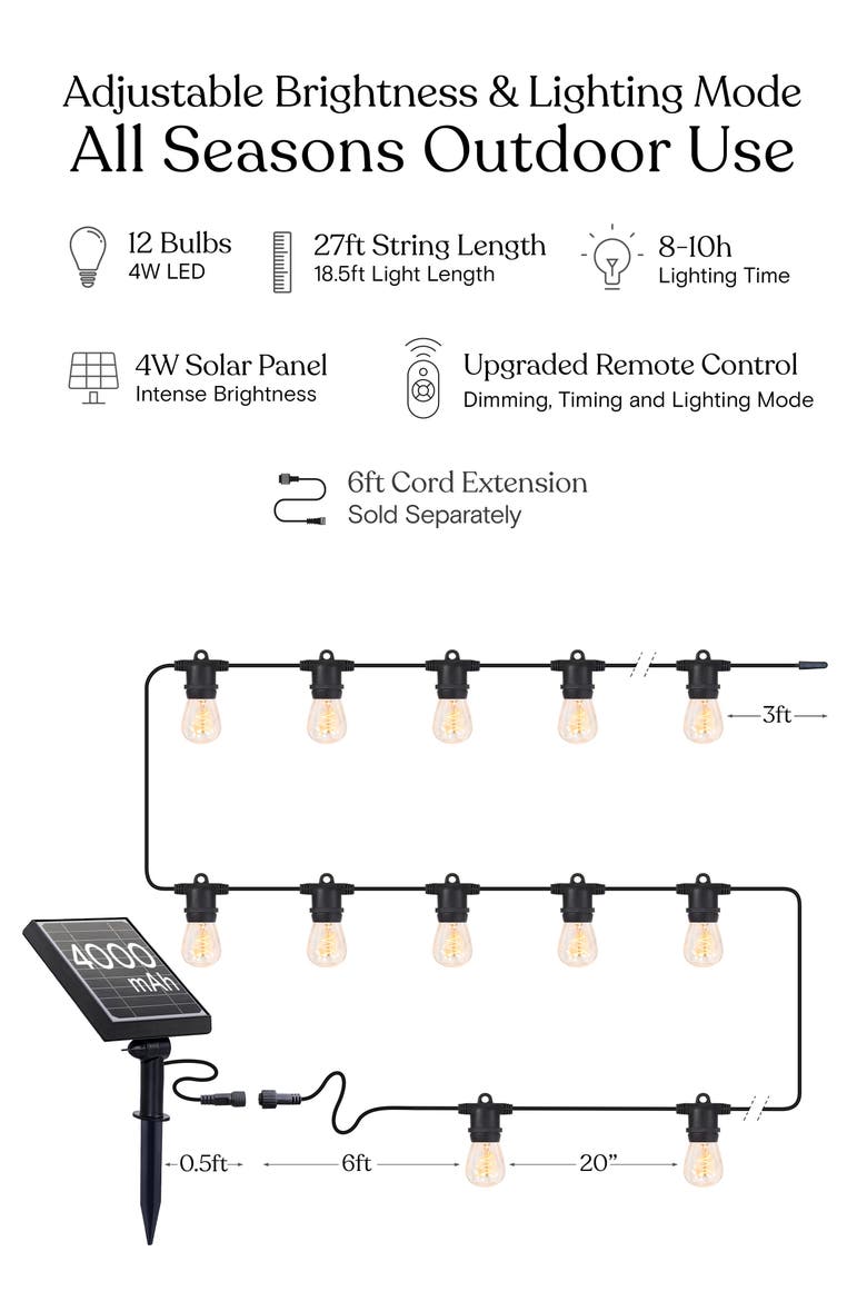 27 ft or 48 ft, Solar‑Powered Heavy Duty LED Outdoor String Lights, Weatherproof Spiral Filament Edison Bulbs, Alternate, color, 27 ft 12 Bulbs | Soft White