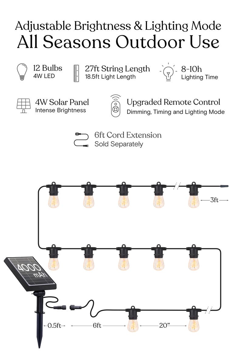 Brightech 27 ft or 48 ft, Solar‑Powered Heavy Duty LED Outdoor String Lights, Weatherproof Spiral Filament Edison Bulbs, Alternate, color, 27 Ft 12 Bulbs | Soft White