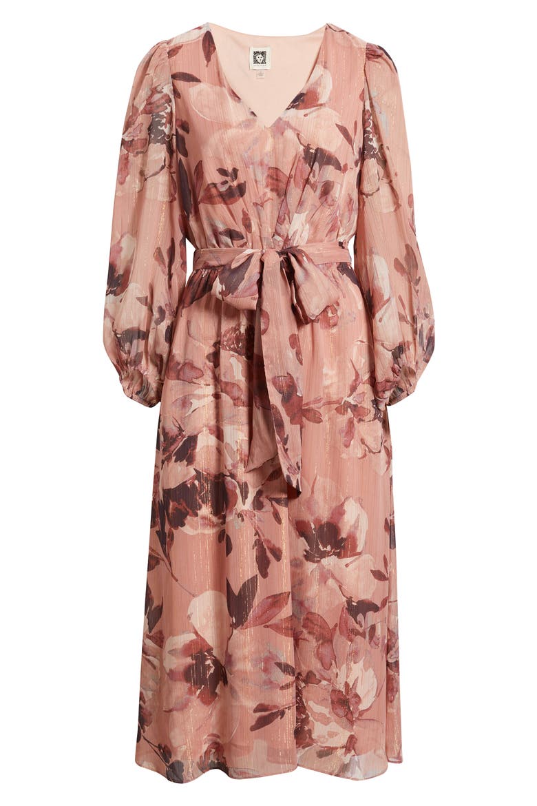Metallic Stripe Floral Long Sleeve Midi Dress, Alternate, color, ROSE MIST MULTI