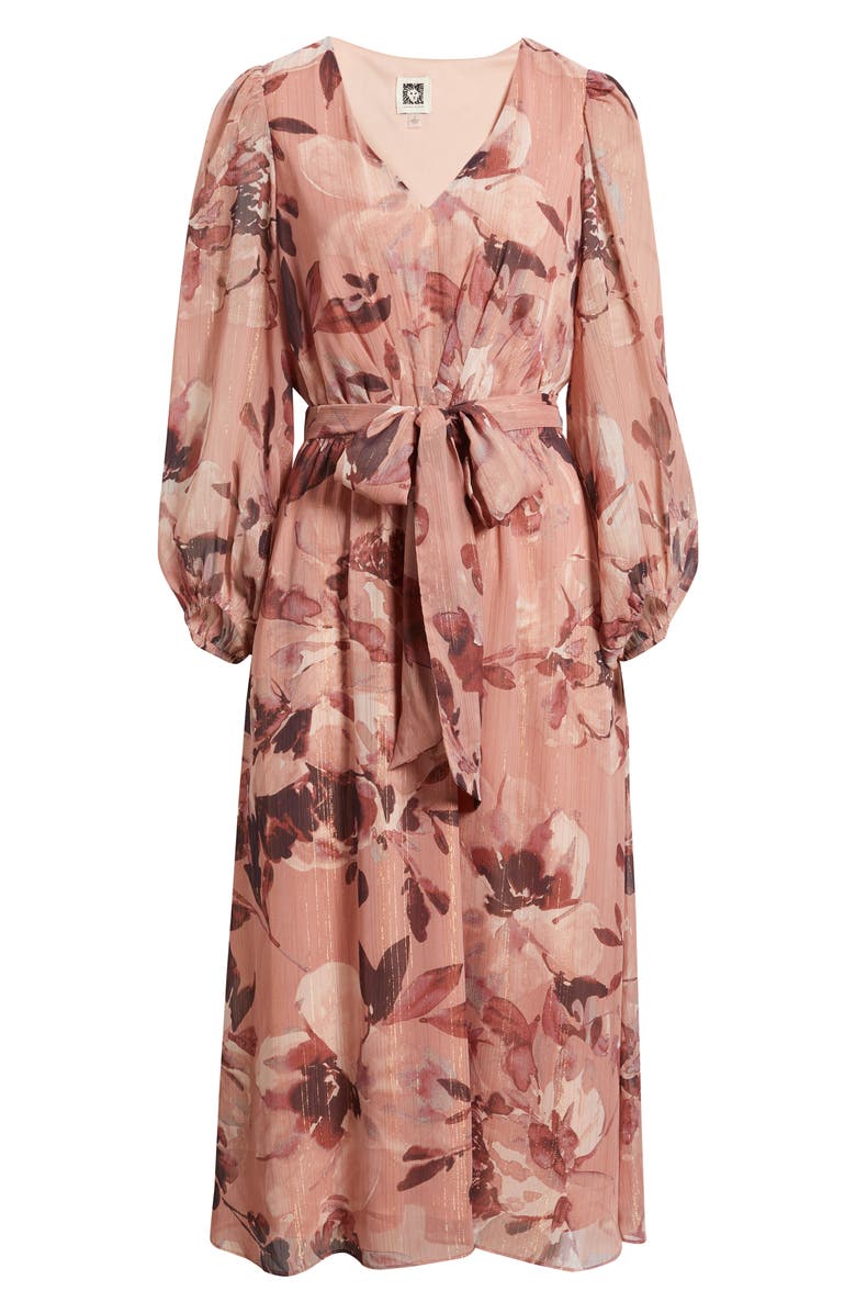 Anne Klein Metallic Stripe Floral Long Sleeve Midi Dress, Alternate, color, Rose Mist Multi
