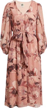 Anne Klein Metallic Stripe Floral Long Sleeve Midi Dress