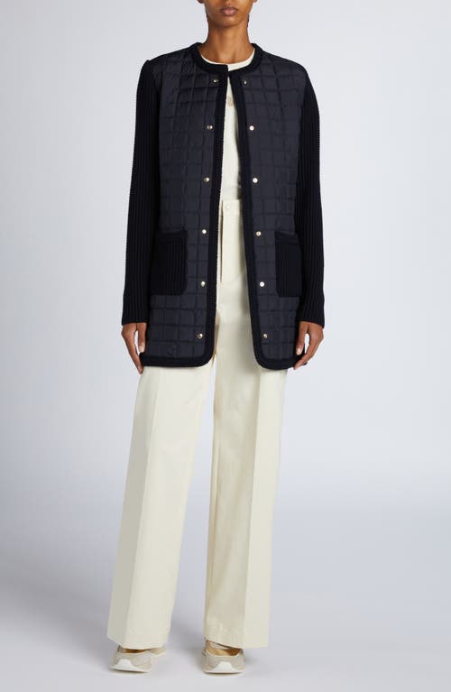 Moncler Quilted Down & Wool Knit Cardigan In Navy Blue