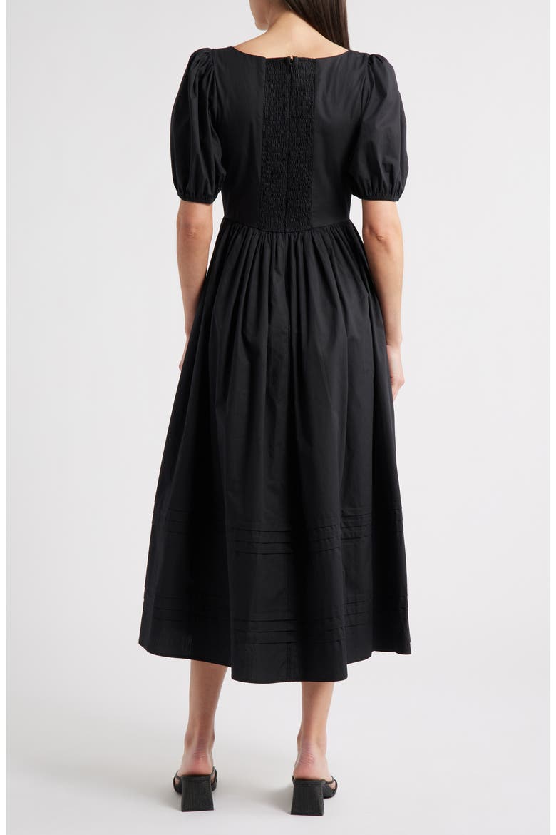 Puff Sleeve Cotton Midi Dress, Alternate, color, BLACK