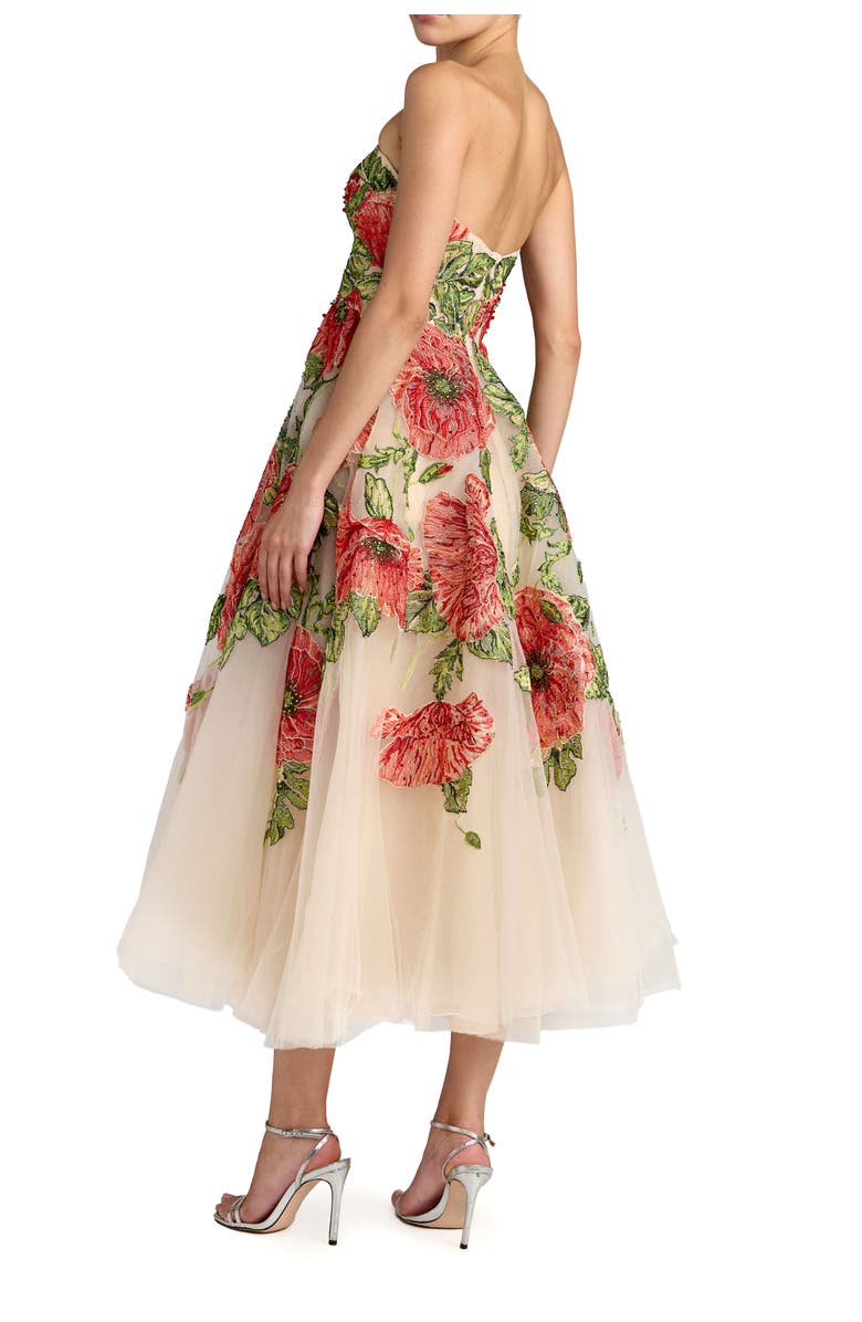 Mac Duggal Embroidered Mesh Strapless A Line Midi Dress, Alternate, color, Nude Multi