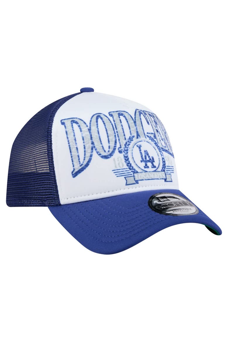 Men's New Era White/Royal Los Angeles Dodgers Trucker A-Frame 9FORTY Adjustable Hat, Alternate, color, White
