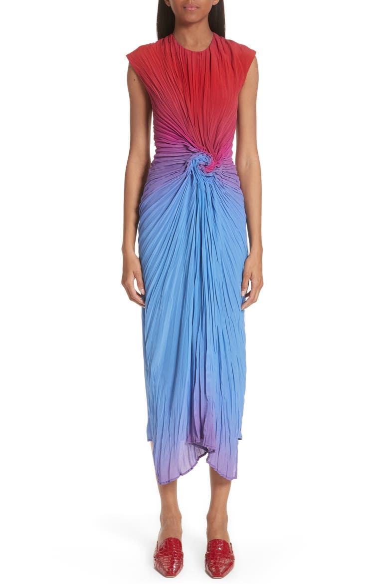 Twist Front Dégradé Silk Dress, Main, color, DUSTY BLUE/ LIPSTICK