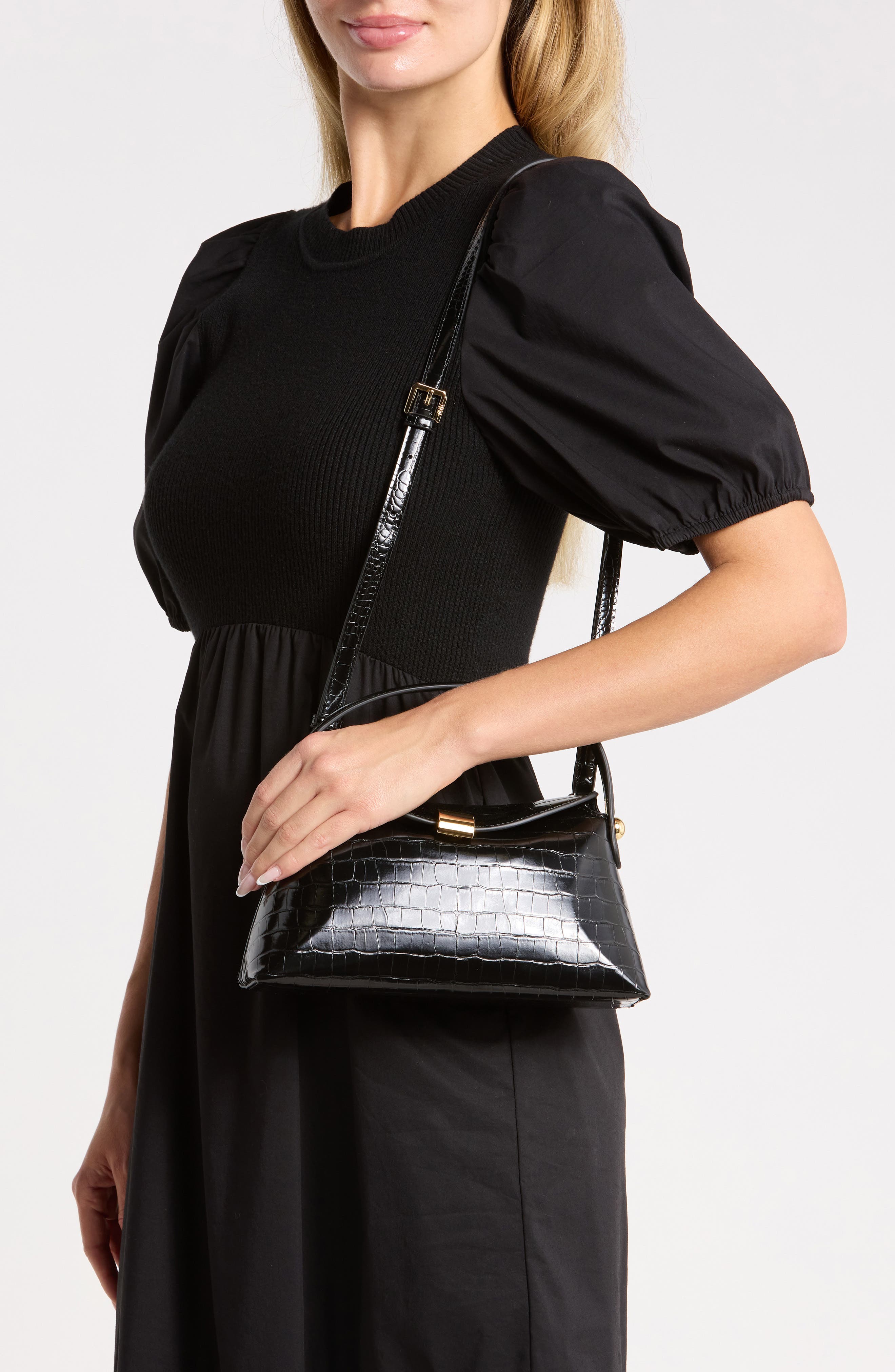 Emma Croc Embossed Top Handle Bag, Alternate, color, BLACK CROC