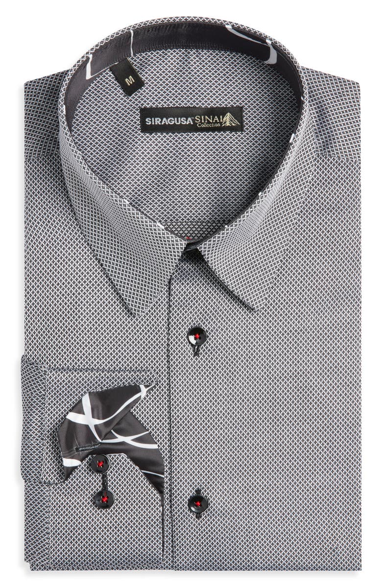 Siragusa Microgeo Printed Silk Trim Dress Shirt, Main, color, Gray