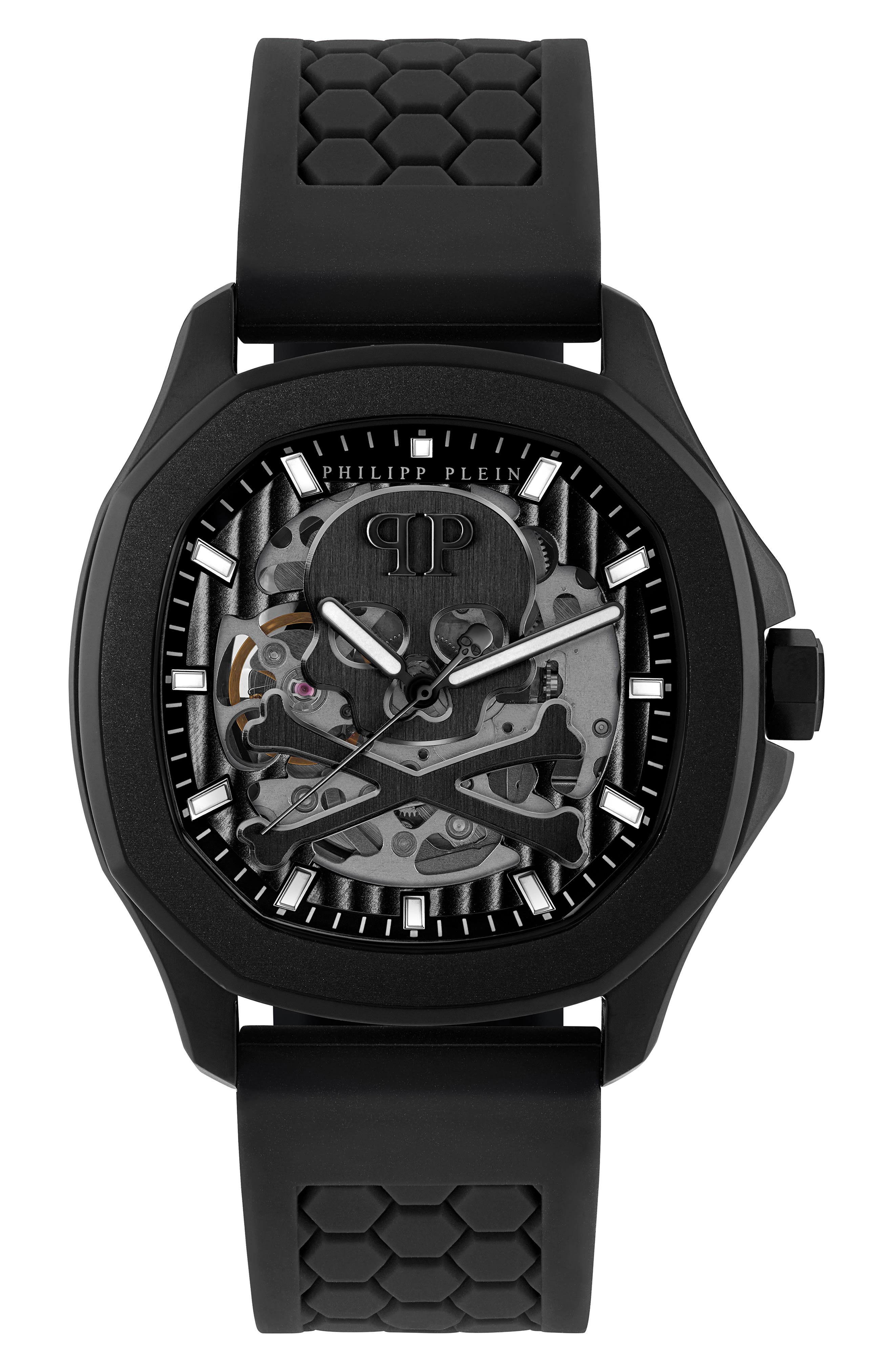 PHILIPP PLEIN Skeleton Spectre Silicone Strap Watch, 42mm