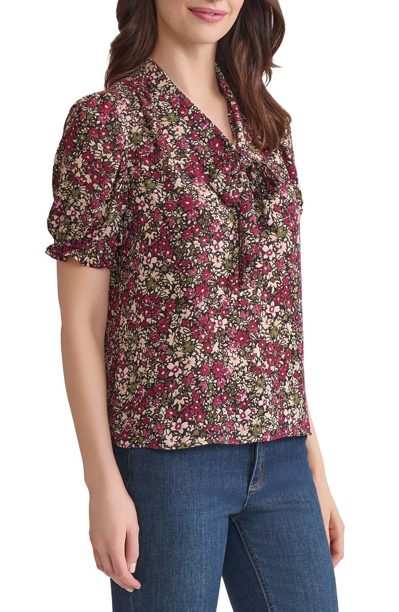 Jones New York Floral Tie Neck Puff Sleeve Top, Alternate, color, Bordeaux Multi