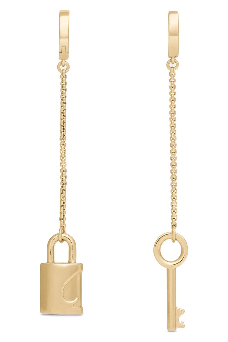 Lock and Key Asymmetrical Linear Earrings, Main, color, GOLD