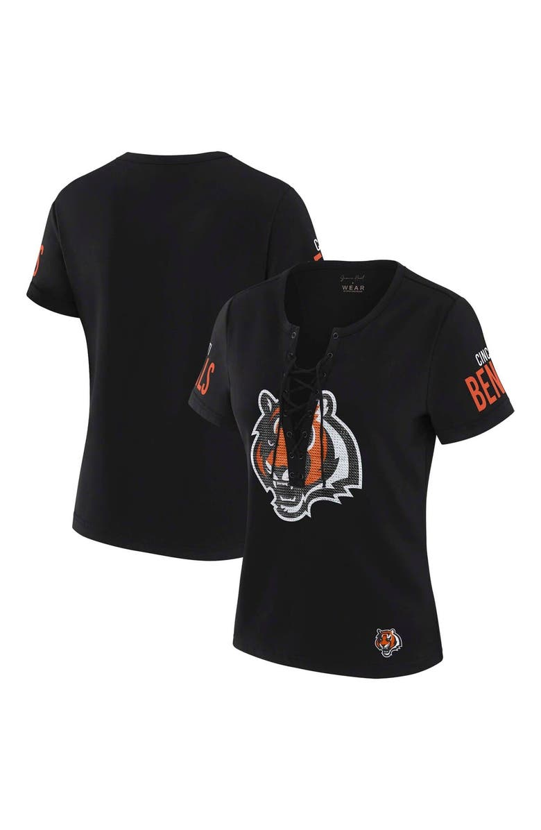 WEAR by Erin Andrews Women's WEAR by Erin Andrews x Gracie Hunt Black Cincinnati Bengals Draft Me Lace-Up T-Shirt, Main, color, 