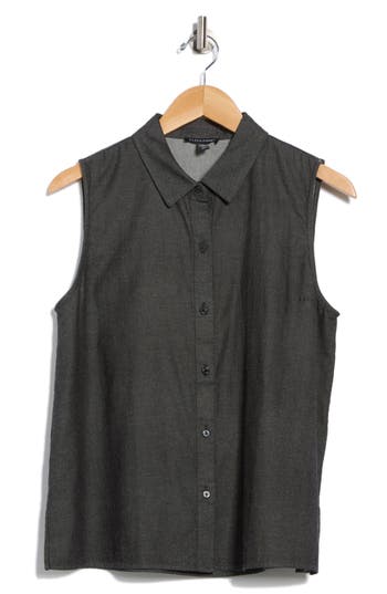 Eileen Fisher Sleeveless Organic Cotton Button-up Shirt In Black