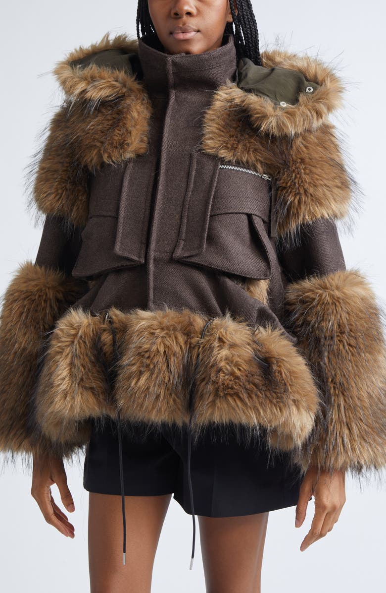 Sacai Melton Wool & Faux Fur Jacket, Alternate, color, Brown/ Beige