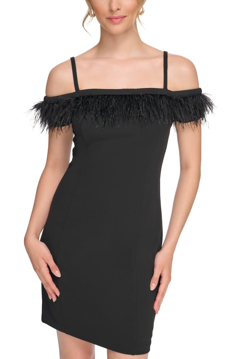 Feather Off-the-Shoulder Dress, Alternate, color, BLACK