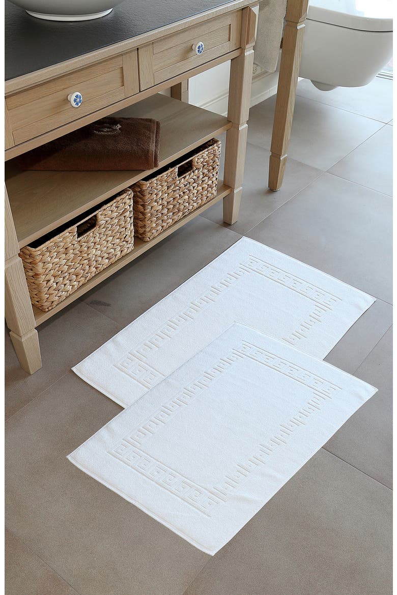 100% Turkish Cotton Greek Key Bath Mats - Set of 2, Alternate, color, WHITE