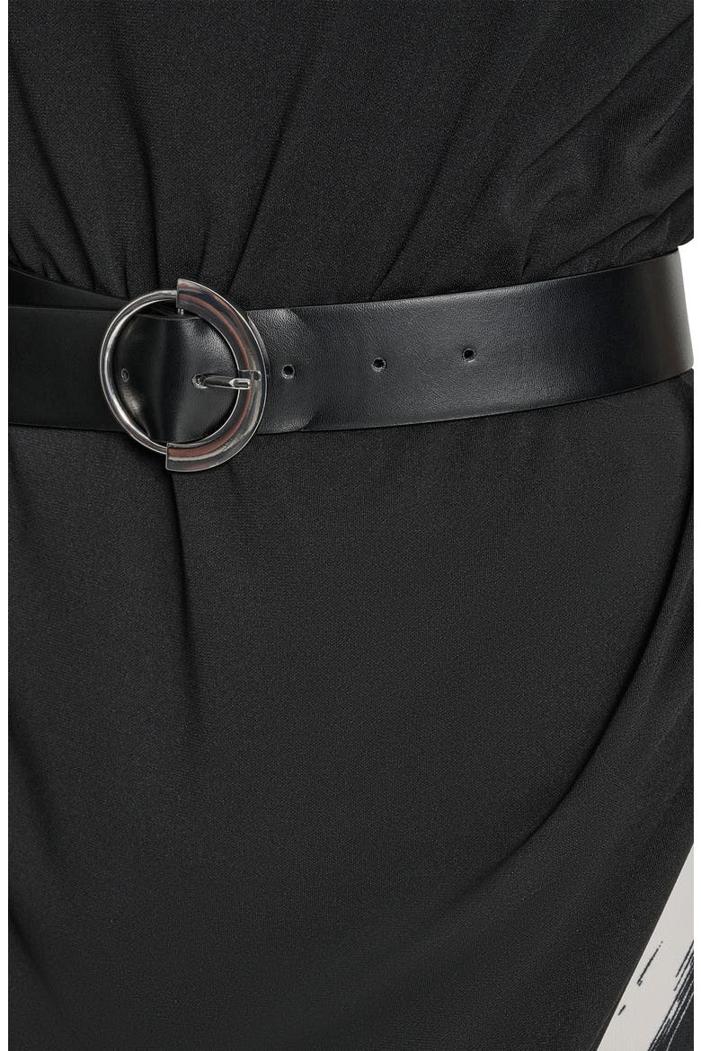 Funnel Neck Cap Sleeve Belted Dress, Alternate, color, BLACK/ IVORY